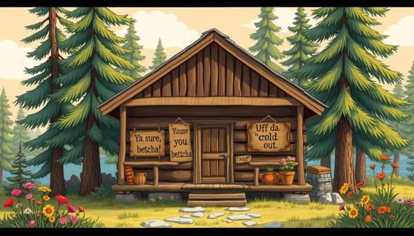 A cozy, rustic scene with a charming Minnesota cabin nestled among lush pine trees. The cabin's weathered wood siding and inviting porch evoke a nostalgic, homespun vibe. On the porch, vintage signs display witty, locally-inspired phrases like A cozy, rustic scene with a charming Minnesota cabin nestled among lush pine trees. The cabin's weathered wood siding and inviting porch evoke a nostalgic, homespun vibe. On the porch, vintage signs display witty, locally-inspired phrases like
