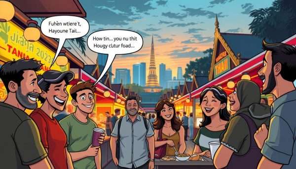 A humorous scene depicting a vibrant and bustling Thai night market. In the foreground, a group of people animatedly sharing puns and jokes about Thai culture, their expressions lively and full of mirth. In the middle ground, a colorful array of Thai street food stalls, their aromas wafting through the air. In the background, the iconic architecture of Bangkok's skyline, bathed in the warm glow of sunset. The overall atmosphere is one of joyful cultural exploration, with a playful and lighthearted energy. Soft, diffuse lighting illuminates the scene, creating a cozy and inviting ambiance. Captured with a wide-angle lens to convey a sense of immersion and community. A humorous scene depicting a vibrant and bustling Thai night market. In the foreground, a group of people animatedly sharing puns and jokes about Thai culture, their expressions lively and full of mirth. In the middle ground, a colorful array of Thai street food stalls, their aromas wafting through the air. In the background, the iconic architecture of Bangkok's skyline, bathed in the warm glow of sunset. The overall atmosphere is one of joyful cultural exploration, with a playful and lighthearted energy. Soft, diffuse lighting illuminates the scene, creating a cozy and inviting ambiance. Captured with a wide-angle lens to convey a sense of immersion and community.
