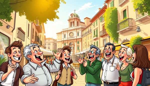 A lively Italian street scene, bathed in warm Mediterranean light. In the foreground, a group of animated Italians gesticulating exuberantly, their faces alight with mischievous grins as they engage in a spirited conversation. In the middle ground, a quaint piazza lined with charming cafes and trattorias, where locals and tourists mingle, sharing laughter and good-natured banter. The background features iconic Italian landmarks, such as a historic church or a picturesque fountain, hinting at the rich cultural heritage that infuses the nation's celebrated sense of humor. The overall atmosphere radiates a vibrant, lighthearted spirit that captures the essence of Italian humor. A lively Italian street scene, bathed in warm Mediterranean light. In the foreground, a group of animated Italians gesticulating exuberantly, their faces alight with mischievous grins as they engage in a spirited conversation. In the middle ground, a quaint piazza lined with charming cafes and trattorias, where locals and tourists mingle, sharing laughter and good-natured banter. The background features iconic Italian landmarks, such as a historic church or a picturesque fountain, hinting at the rich cultural heritage that infuses the nation's celebrated sense of humor. The overall atmosphere radiates a vibrant, lighthearted spirit that captures the essence of Italian humor.