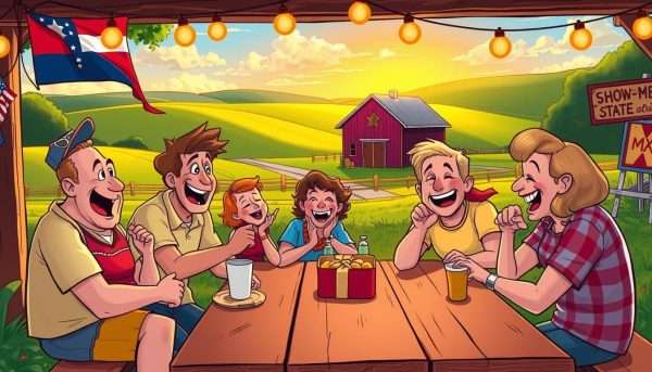 A lively Missouri-themed scene with a playful, lighthearted atmosphere. In the foreground, a group of friends gathered around a picnic table, engaged in lively conversation and bursting into amused laughter, their expressions full of mirth. Colorful, regional decor surrounds them - a Missouri flag, a A lively Missouri-themed scene with a playful, lighthearted atmosphere. In the foreground, a group of friends gathered around a picnic table, engaged in lively conversation and bursting into amused laughter, their expressions full of mirth. Colorful, regional decor surrounds them - a Missouri flag, a