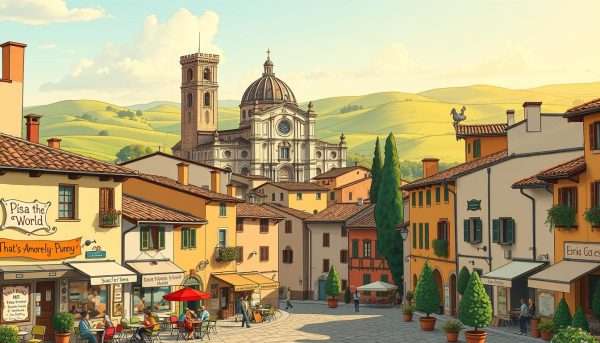 A quaint Italian town nestled in rolling hills, with whimsical puns adorning the charming architecture. In the foreground, a picturesque piazza features buildings adorned with punny signs and banners - A quaint Italian town nestled in rolling hills, with whimsical puns adorning the charming architecture. In the foreground, a picturesque piazza features buildings adorned with punny signs and banners -