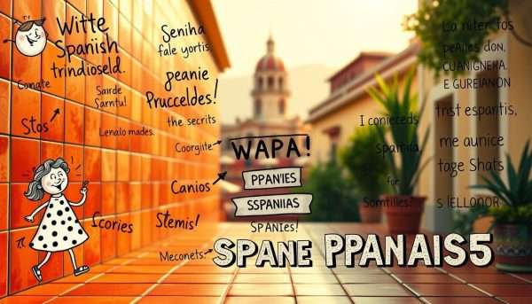 A vibrant collage of witty Spanish idioms and sayings, set against a backdrop of warm, sun-drenched Mediterranean tiles. In the foreground, playful hand-drawn illustrations dance across the frame, each one capturing the essence of a clever Spanish expression. The middle ground features a mix of vintage-inspired typographic elements, their textured surfaces hinting at the rich history and cultural nuance behind these linguistic gems. In the distance, a hazy silhouette of traditional Spanish architecture sets the scene, evoking a sense of timeless charm. Soft, diffused lighting casts a golden glow, infusing the image with a lighthearted, spirited atmosphere.