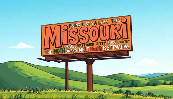 A vibrant, hand-lettered billboard stands against a backdrop of rolling green hills and a clear blue Missouri sky. The sign features an array of clever puns, each one a playful nod to the state's unique charm. Intricate, whimsical typography brings the puns to life, evoking a sense of lighthearted humor and local pride. The overall scene radiates a warm, inviting ambiance, capturing the essence of the A vibrant, hand-lettered billboard stands against a backdrop of rolling green hills and a clear blue Missouri sky. The sign features an array of clever puns, each one a playful nod to the state's unique charm. Intricate, whimsical typography brings the puns to life, evoking a sense of lighthearted humor and local pride. The overall scene radiates a warm, inviting ambiance, capturing the essence of the