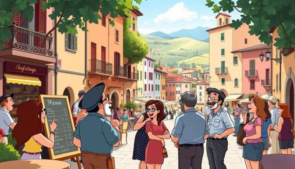 A vibrant piazza in the heart of a historic Italian town, bathed in warm Mediterranean light. In the foreground, a group of locals gathered around a chalkboard menu, engaging in lively banter and playful wordplay, their animated gestures and expressions reflecting the rich cultural tradition of Italian comedy. In the middle ground, quaint buildings with colorful facades and wrought-iron balconies line the square, hinting at the ancient roots of this community. The background is framed by rolling hills and a hazy blue sky, giving a sense of timelessness to the scene. The overall atmosphere is one of cultural celebration, where the joy of language and shared humor is woven into the very fabric of daily life. A vibrant piazza in the heart of a historic Italian town, bathed in warm Mediterranean light. In the foreground, a group of locals gathered around a chalkboard menu, engaging in lively banter and playful wordplay, their animated gestures and expressions reflecting the rich cultural tradition of Italian comedy. In the middle ground, quaint buildings with colorful facades and wrought-iron balconies line the square, hinting at the ancient roots of this community. The background is framed by rolling hills and a hazy blue sky, giving a sense of timelessness to the scene. The overall atmosphere is one of cultural celebration, where the joy of language and shared humor is woven into the very fabric of daily life.