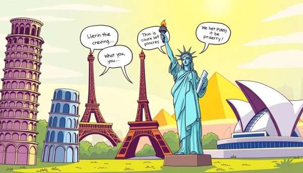A vibrant, playful scene featuring a group of whimsical landmarks engaged in a lively game of puns. In the foreground, the Leaning Tower of Pisa leans in to share a humorous quip with the Eiffel Tower, which strikes a jaunty pose. In the middle ground, the Statue of Liberty gestures animatedly, her torch raised high as she delivers a clever one-liner. In the background, the Great Pyramids of Giza and the Sydney Opera House exchange witty banter, their architectural forms seemingly coming alive with mischievous energy. The lighting is warm and inviting, casting a joyful glow over the entire scene. The composition is dynamic and engaging, drawing the viewer into this lighthearted world of punny landmarks. A vibrant, playful scene featuring a group of whimsical landmarks engaged in a lively game of puns. In the foreground, the Leaning Tower of Pisa leans in to share a humorous quip with the Eiffel Tower, which strikes a jaunty pose. In the middle ground, the Statue of Liberty gestures animatedly, her torch raised high as she delivers a clever one-liner. In the background, the Great Pyramids of Giza and the Sydney Opera House exchange witty banter, their architectural forms seemingly coming alive with mischievous energy. The lighting is warm and inviting, casting a joyful glow over the entire scene. The composition is dynamic and engaging, drawing the viewer into this lighthearted world of punny landmarks.