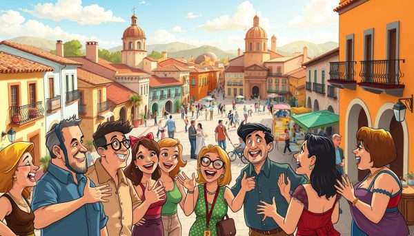 A whimsical Spanish-themed scene set in a colorful, vibrant town square. In the foreground, a group of animated, gesticulating locals engaged in lively conversation, their faces alight with mirth and laughter. In the middle ground, quaint Iberian-style buildings with terracotta roofs and wrought-iron balconies frame the scene, bathed in warm, golden sunlight. The background features a sprawling plaza, bustling with activity - couples strolling, musicians performing, and vendors peddling their wares. An atmosphere of joyful camaraderie and spirited humor pervades the entire composition, capturing the essence of Spain's rich comedic tradition.