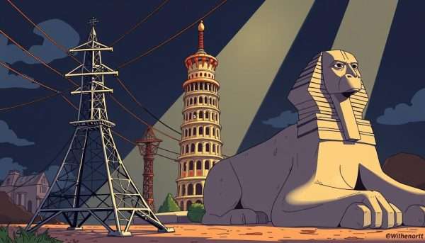 A whimsical composition of cleverly reimagined landmarks, bursting with visual puns and playful reinterpretations. In the foreground, a towering A whimsical composition of cleverly reimagined landmarks, bursting with visual puns and playful reinterpretations. In the foreground, a towering