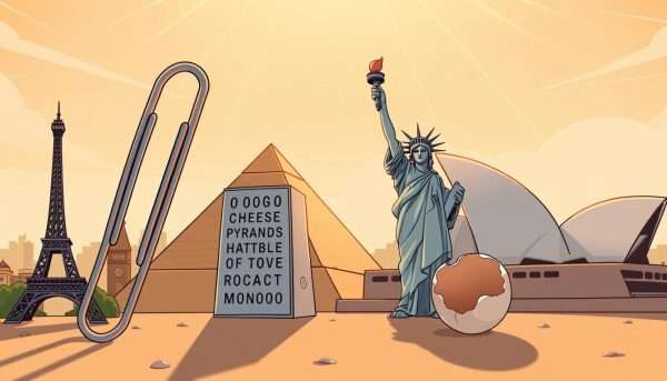 A whimsical scene of iconic landmarks transformed into playful puns, bathed in warm, golden light. In the foreground, the Eiffel Tower leans to one side, its shape reimagined as a paper clip. Nearby, the Great Pyramid of Giza stands as a mighty cheese grater, its sharp edges glistening. In the middle ground, the Statue of Liberty strikes a pose, her torch replaced by a cheeky ice cream scoop. In the distance, the Sydney Opera House takes on the form of a cracked eggshell, hinting at the witty wordplay within. The overall atmosphere evokes a lighthearted, imaginative spirit, inviting the viewer to delight in the unexpected visual puns.