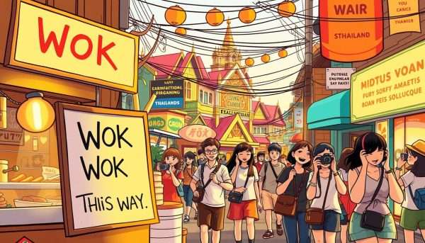 A whimsical scene set in the vibrant streets of Thailand, showcasing playful wordplay and humorous elements. In the foreground, a vendor stall displays a clever pun-filled sign, inviting passersby to A whimsical scene set in the vibrant streets of Thailand, showcasing playful wordplay and humorous elements. In the foreground, a vendor stall displays a clever pun-filled sign, inviting passersby to