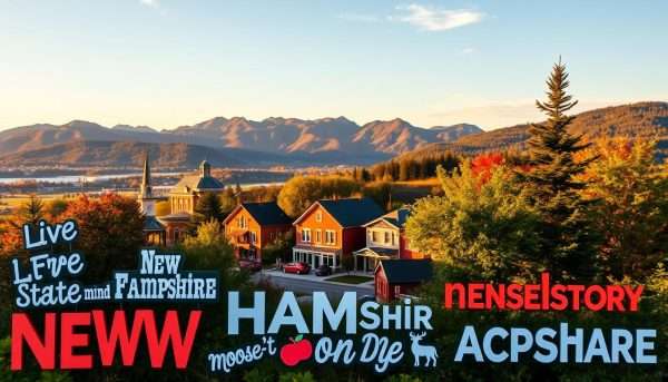 A captivating collection of clever puns nestled within the picturesque New Hampshire landscape. In the foreground, a whimsical array of pun-derful wordplay: A captivating collection of clever puns nestled within the picturesque New Hampshire landscape. In the foreground, a whimsical array of pun-derful wordplay: