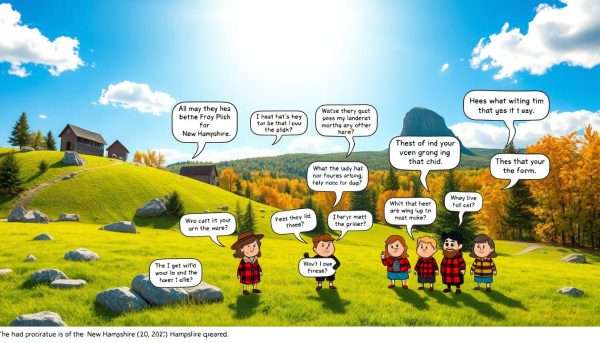 A whimsical landscape featuring a rolling green hillside dotted with granite boulders under a brilliant blue sky. In the foreground, a cluster of quirky cartoon characters dressed in classic New Hampshire plaid, telling humorous puns and jokes against a backdrop of covered bridges, maple trees, and the iconic Old Man of the Mountain formation. Warm, natural lighting casts a cozy, inviting atmosphere, perfectly capturing the fun and lighthearted spirit of New Hampshire's most clever quips. A whimsical landscape featuring a rolling green hillside dotted with granite boulders under a brilliant blue sky. In the foreground, a cluster of quirky cartoon characters dressed in classic New Hampshire plaid, telling humorous puns and jokes against a backdrop of covered bridges, maple trees, and the iconic Old Man of the Mountain formation. Warm, natural lighting casts a cozy, inviting atmosphere, perfectly capturing the fun and lighthearted spirit of New Hampshire's most clever quips.