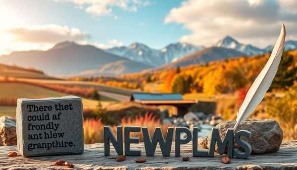 A whimsical scene set against the iconic granite landscape of New Hampshire. In the foreground, a playful arrangement of wordplay-inspired objects - a granite block carved with a cheeky pun, a quill pen gesturing mid-sentence, a sly wink from a friendly Granite Stater. The middle ground features rolling hills dotted with vibrant fall foliage, a covered bridge spanning a babbling brook. Soft, warm lighting casts a cozy glow, hinting at the state's quirky, good-natured charm. The background showcases the majestic White Mountains, their rugged peaks suggesting the inherent humor and wit of the Granite State. An inviting and lighthearted composition that captures the essence of New Hampshire's delightfully playful wordplay.