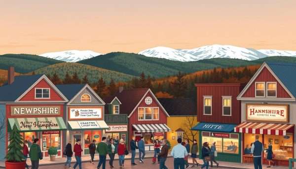 Whimsical landscape of rolling New Hampshire hills, snowcapped peaks in the distance. In the foreground, a charming town square with colorful shops and eateries. Quirky illustrations and playful puns adorn the storefronts, cleverly referencing local landmarks and culture. Warm, cozy lighting bathes the scene, creating an inviting, lighthearted atmosphere. A group of locals and visitors mingle, sharing laughs and enjoying the delightful puns. The overall impression is one of cheerful, down-to-earth humor that captures the spirit of the Granite State. Whimsical landscape of rolling New Hampshire hills, snowcapped peaks in the distance. In the foreground, a charming town square with colorful shops and eateries. Quirky illustrations and playful puns adorn the storefronts, cleverly referencing local landmarks and culture. Warm, cozy lighting bathes the scene, creating an inviting, lighthearted atmosphere. A group of locals and visitors mingle, sharing laughs and enjoying the delightful puns. The overall impression is one of cheerful, down-to-earth humor that captures the spirit of the Granite State.