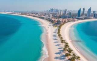 Aerial view of Abu Dhabi Corniche beaches with turquoise waters and white sand