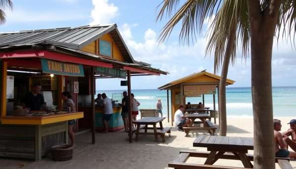Beachfront kioskos at Playa Aviones with ocean views, representing the best restaurants in Puerto Rico for seaside dining Beachfront kioskos at Playa Aviones with ocean views, representing the best restaurants in Puerto Rico for seaside dining