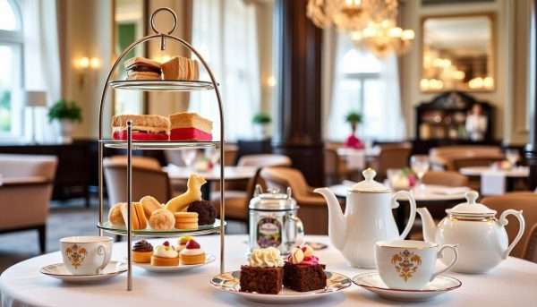 Claridge's afternoon tea service with elegant pastries and sandwiches Claridge's afternoon tea service with elegant pastries and sandwiches