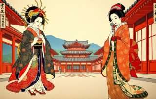 Historical painting showing oiran vs geisha in traditional attire during the Edo period