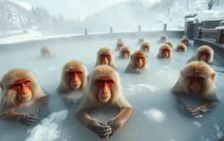 Japanese macaques (snow monkeys) bathing in a steaming hot spring surrounded by snow at the Snow Monkey Park in Nagano, Japan