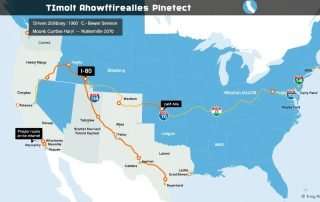 Map showing different route options for a New York to California road trip