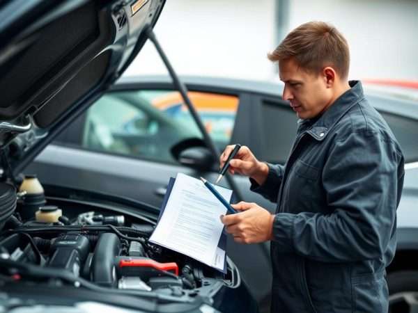 Mechanic performing maintenance check on a car before a New York to California road trip Mechanic performing maintenance check on a car before a New York to California road trip