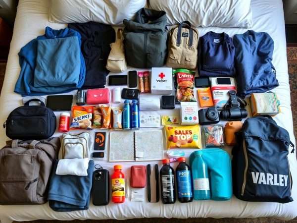 Organized packing for a New York to California road trip with essential items Organized packing for a New York to California road trip with essential items