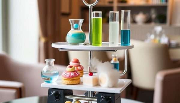 Science-themed afternoon tea at The Ampersand Hotel with colorful experimental desserts Science-themed afternoon tea at The Ampersand Hotel with colorful experimental desserts