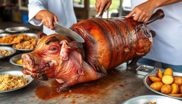 Succulent lechón (roast pork) being prepared at El Rancho Original on Puerto Rico's Pork Highway, one of the best restaurants in Puerto Rico for traditional cuisine Succulent lechón (roast pork) being prepared at El Rancho Original on Puerto Rico's Pork Highway, one of the best restaurants in Puerto Rico for traditional cuisine