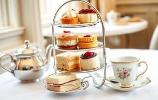 Traditional afternoon tea in London with tiered stand of sandwiches, scones and pastries