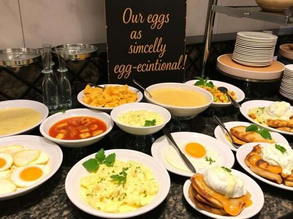 A breakfast buffet featuring various egg dishes with a punny sign about eggs being 'egg-ceptional' A breakfast buffet featuring various egg dishes with a punny sign about eggs being 'egg-ceptional'