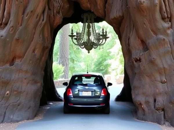 A car driving through the famous Drive-Thru Tree in Leggett, California A car driving through the famous Drive-Thru Tree in Leggett, California