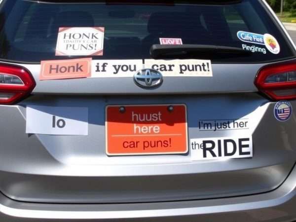 A car with funny transportation pun bumper stickers A car with funny transportation pun bumper stickers