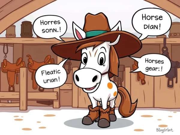A cartoon horse wearing cowboy gear with speech bubbles containing horse puns A cartoon horse wearing cowboy gear with speech bubbles containing horse puns