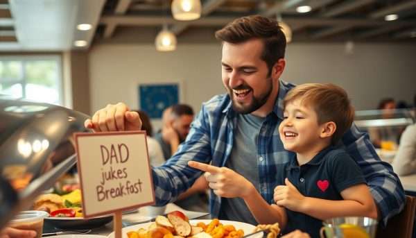 A father and child laughing at the breakfast buffet with a sign featuring a dad joke A father and child laughing at the breakfast buffet with a sign featuring a dad joke