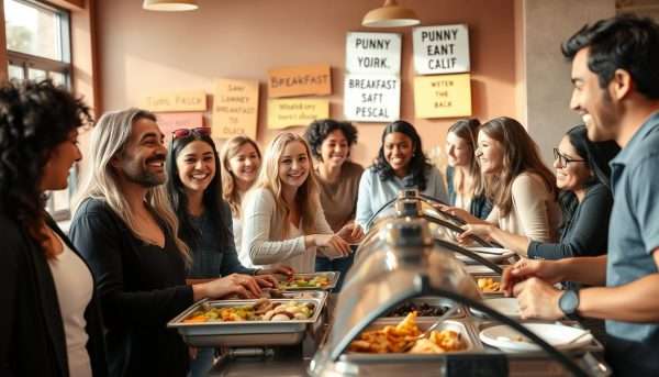 A happy family enjoying a breakfast buffet with punny signs visible in the background A happy family enjoying a breakfast buffet with punny signs visible in the background