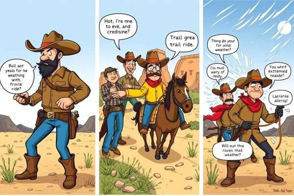 A split image showing three different cowboy pun categories in action A split image showing three different cowboy pun categories in action