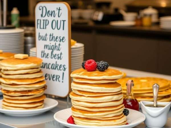 A stack of pancakes at a breakfast buffet with a punny sign about 'flipping out' over pancakes A stack of pancakes at a breakfast buffet with a punny sign about 'flipping out' over pancakes