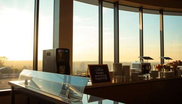 A sunrise view of a breakfast buffet with a sign featuring a pun about 'rise and grind' A sunrise view of a breakfast buffet with a sign featuring a pun about 'rise and grind'