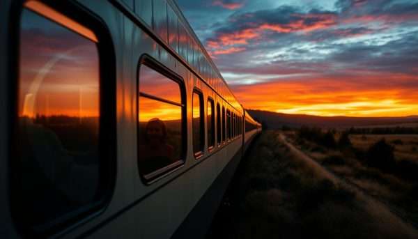 A sunset view of a train with happy passengers sharing train travel jokes A sunset view of a train with happy passengers sharing train travel jokes