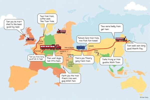 A world map with train routes connecting different countries with joke bubbles A world map with train routes connecting different countries with joke bubbles