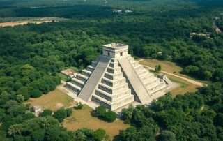 Aerial view of Chichen Itza archaeological site showing El Castillo pyramid and surrounding structures
