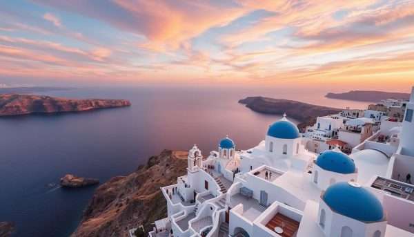 Aerial view of Santorini's white buildings and blue domes overlooking the caldera at sunset