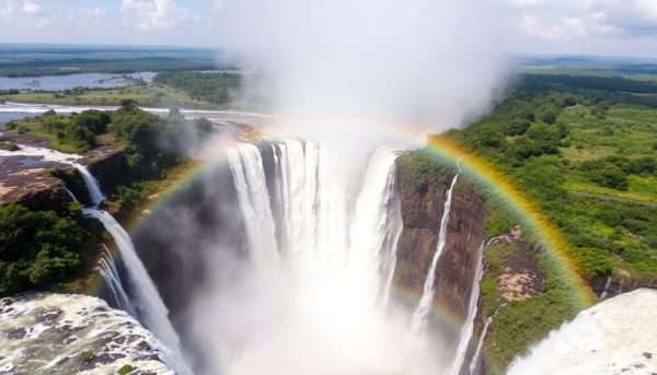 Aerial view of Victoria Falls with rainbow forming in the mist, border of Zambia and Zimbabwe
