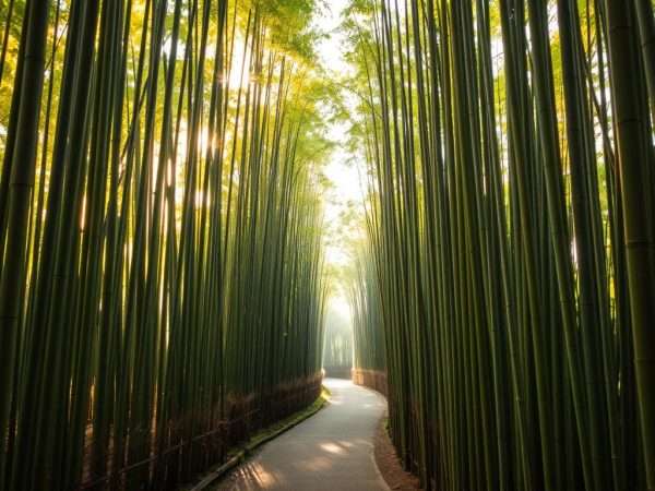 Bamboo Forest path in Arashiyama, Kyoto with morning light filtering through