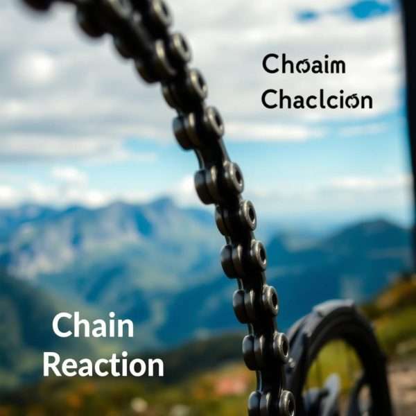 Bicycle chain in foreground with stunning landscape in background labeled 'Chain Reaction'