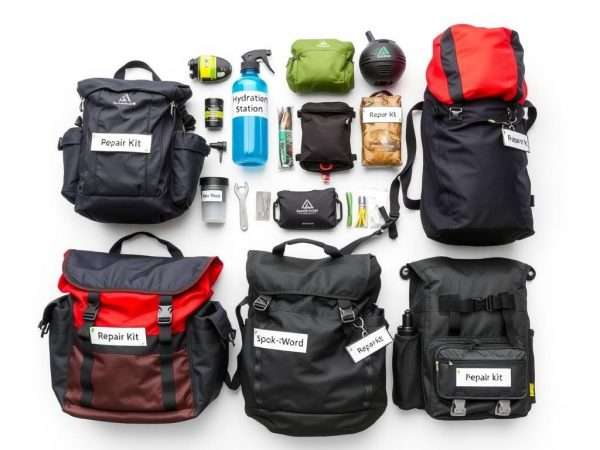 Bicycle touring equipment with funny pun labels attached to different parts