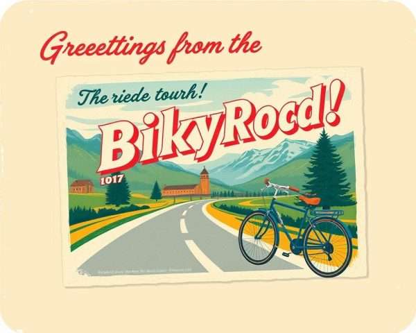 Bicycle touring postcard with pun written as greeting