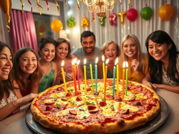 Birthday celebration with pizza instead of cake, candles on pizza Birthday celebration with pizza instead of cake, candles on pizza