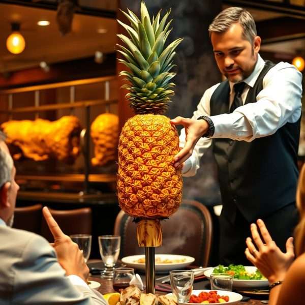 Brazilian churrascaria serving roticcorie fruit pineapple Brazilian churrascaria serving roticcorie fruit pineapple