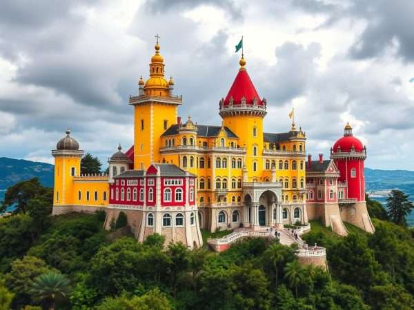 Colorful Pena Palace perched on a hilltop in Sintra, Portugal
