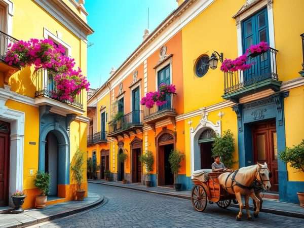 Colorful colonial buildings with flower-covered balconies in the walled city of Cartagena, Colombia